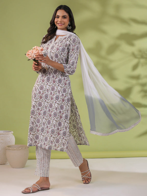 White Cotton Floral Regular Kurta Set