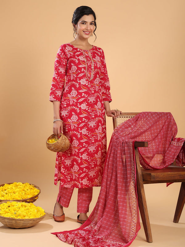 Pink Cotton Floral Regular Kurta Set