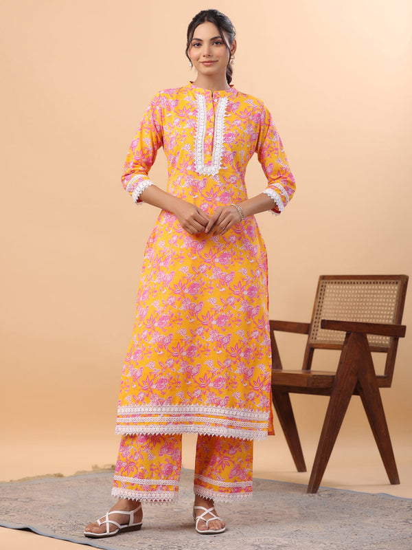 Orange Cotton Floral Regular Kurta Set