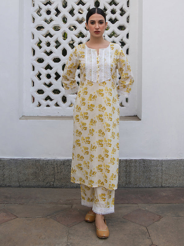 Off White Cotton Floral Straight Kurta Set