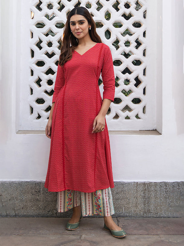 Red Cotton Ethnic Motifs A-Line Kurta Set