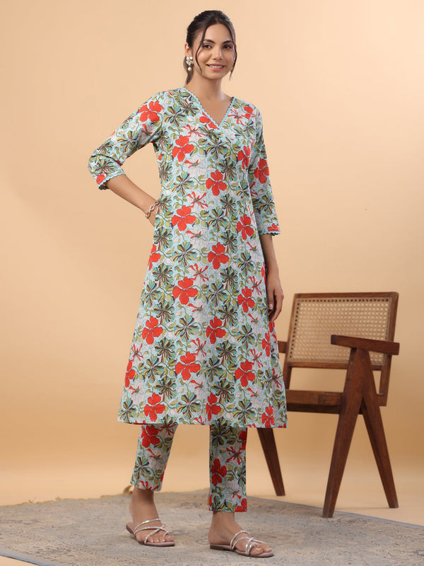 Blue Cotton Floral A-Line Co-ord Set