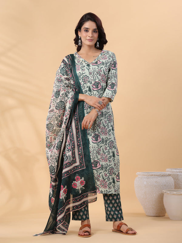 Sage Green Cotton Floral Kurta Set