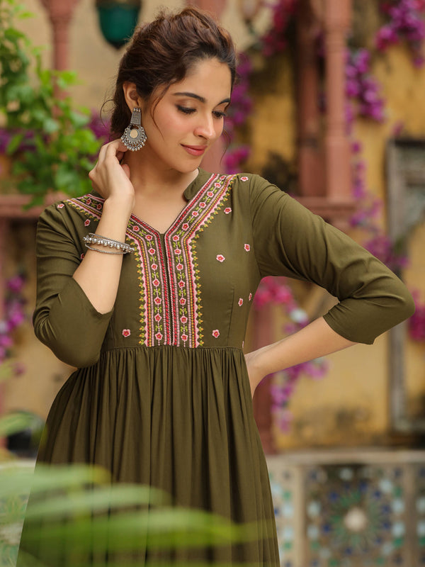 Olive Green Rayon Yoke Embroidered A-Line Kurta Set