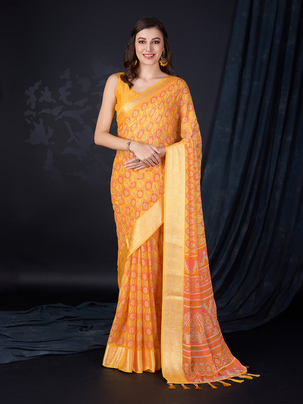 Yellow Chiffon Saree With Blouse Piece