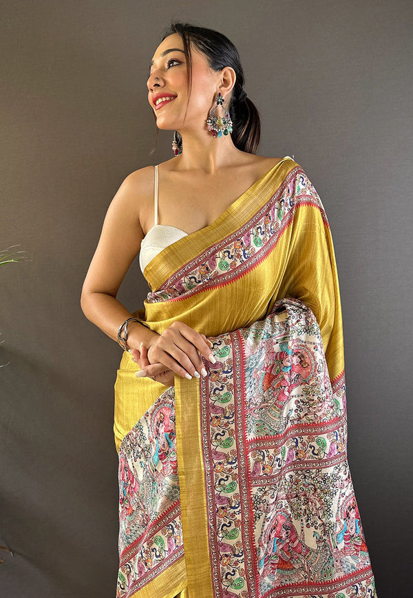 YELLOW TUSSAR MADHUBANI PRINTED SAREE