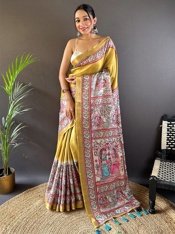 Yellow Tussar Silk Saree With Blouse Piece