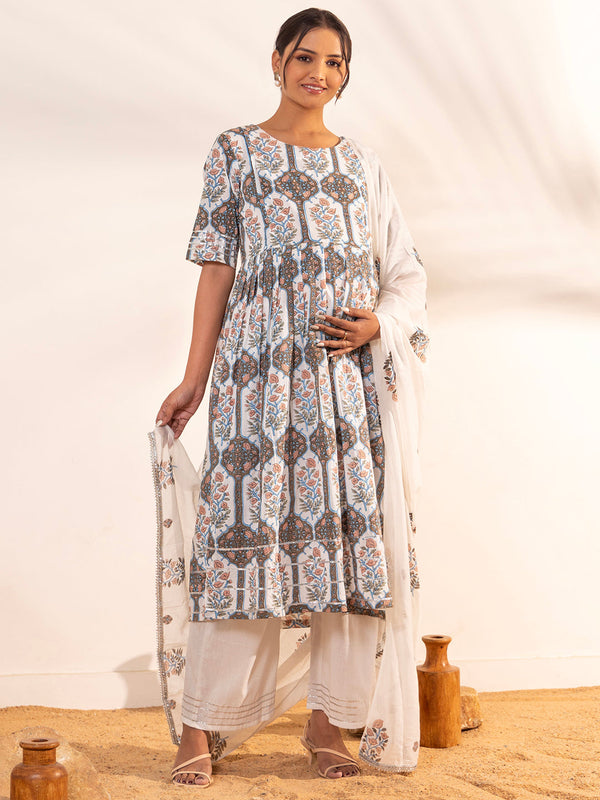 White Cotton Floral Flared Maternity Kurta Set