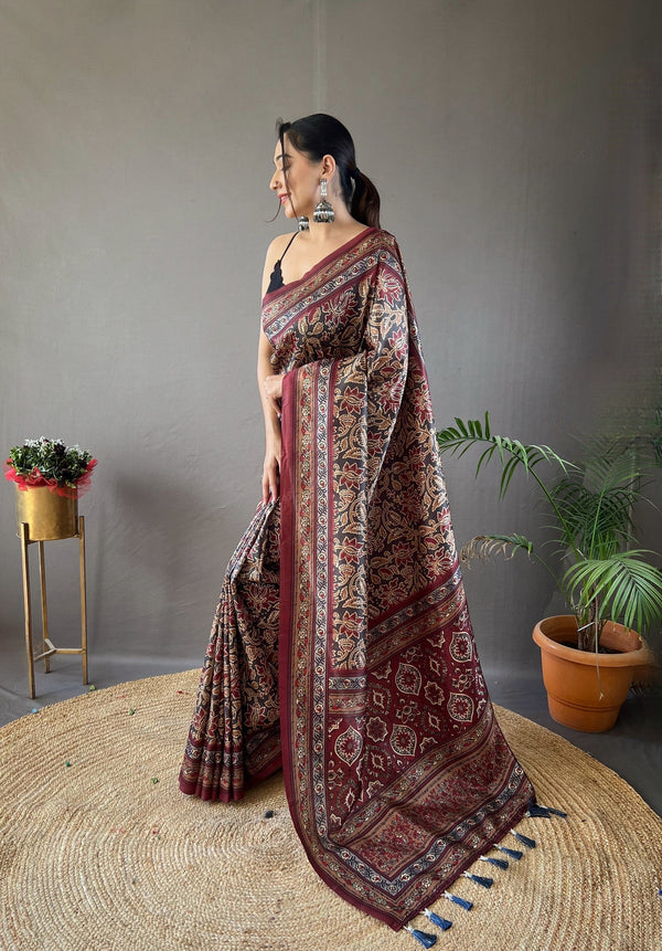 Birch Gery and Brown Ajrakh Printed Saree