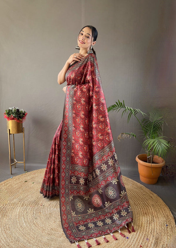 Tosca Maroon Ajrakh Printed Saree