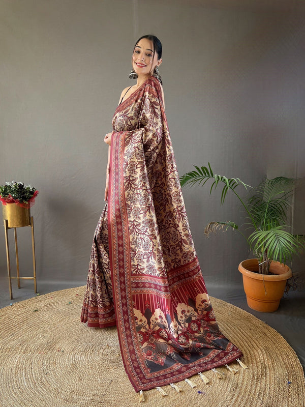 Cameo Cream and Red Ajrakh Printed Saree