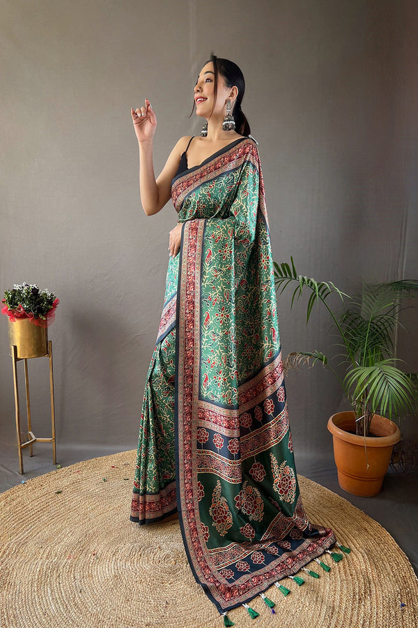 Willow Grove Green Ajrakh Printed Saree