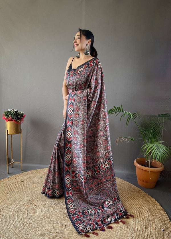 Emperor Black and Grey Ajrakh Printed Saree