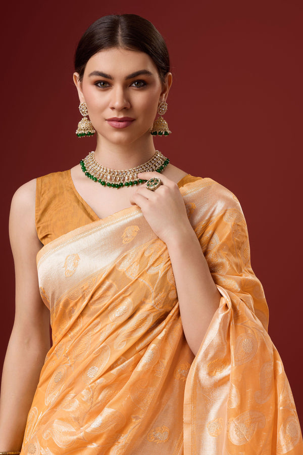 Orange Printed Cotton Silk Saree