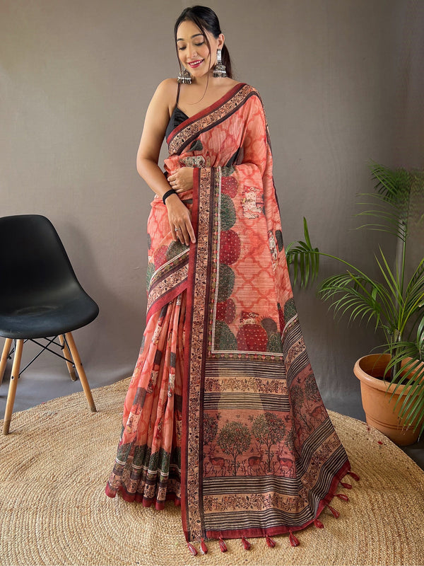 Beautiful Peach Printed Silk Event Wear Saree With Blouse