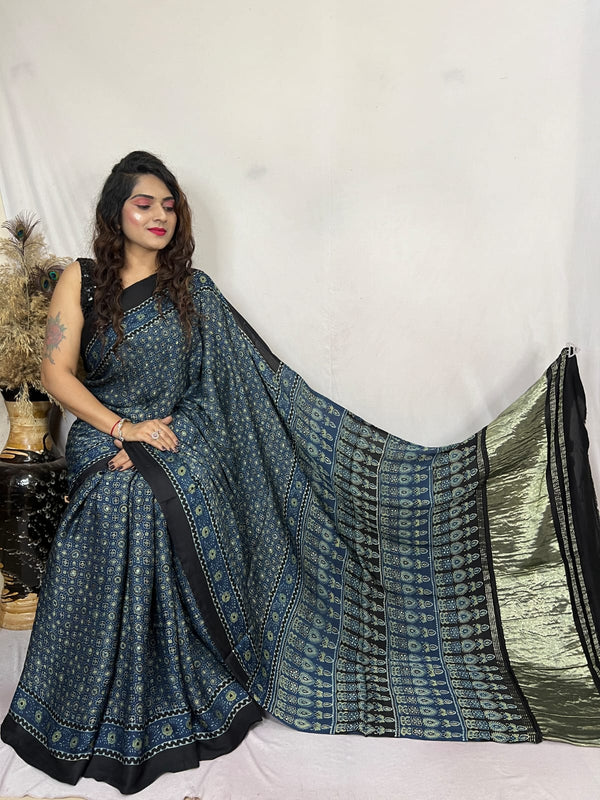 Rhino Blue Ajrakh Modal Handblock Printed Silk Saree