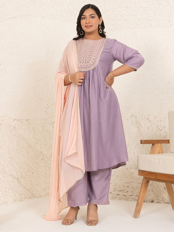 Plus Size Lavender Chinnon Yoke Embroidery Panelled Kurta Set