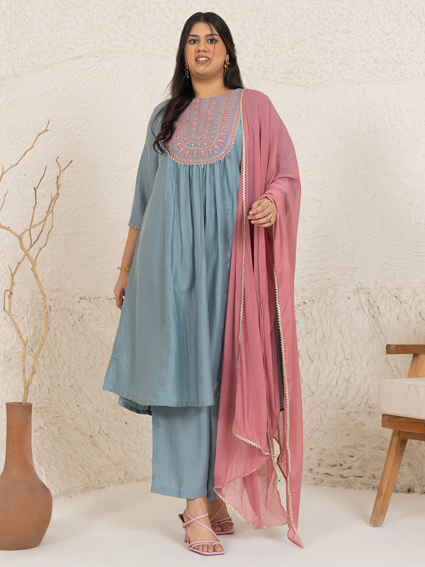 Plus Size Light Blue Chinnon Yoke Embroidery Panelled Kurta Set