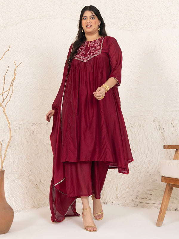 Plus Size Red Chanderi Embellished Kurta with Palazzo and Dupatta