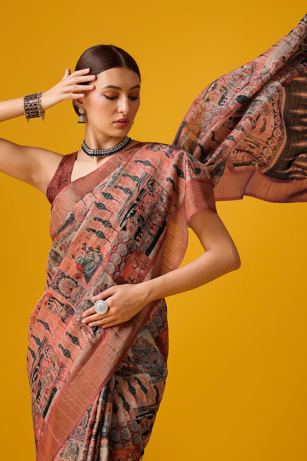 Peach Printed Cotton Silk Saree