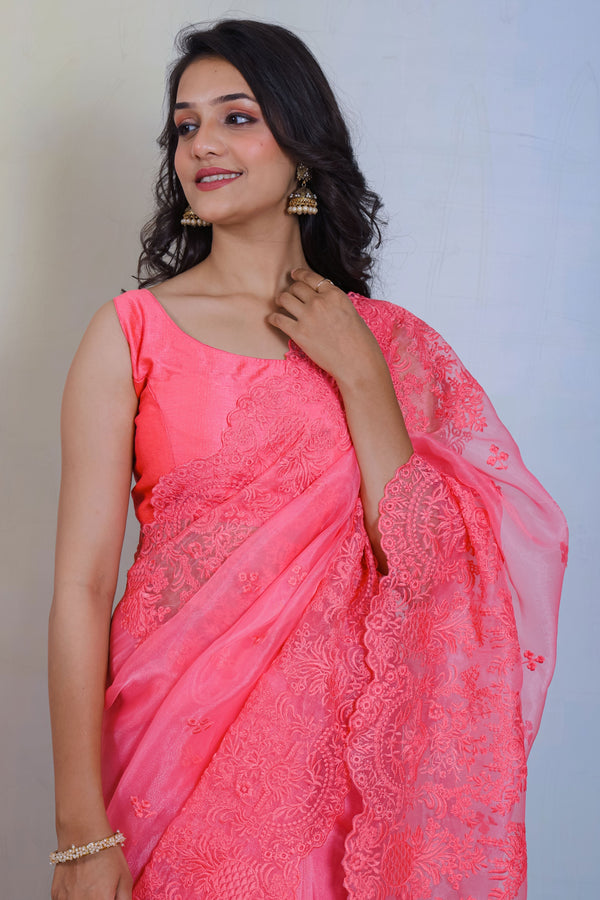 Pink Embroidered Organza Saree