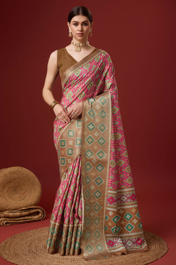 Pink Printed Cotton Silk Saree