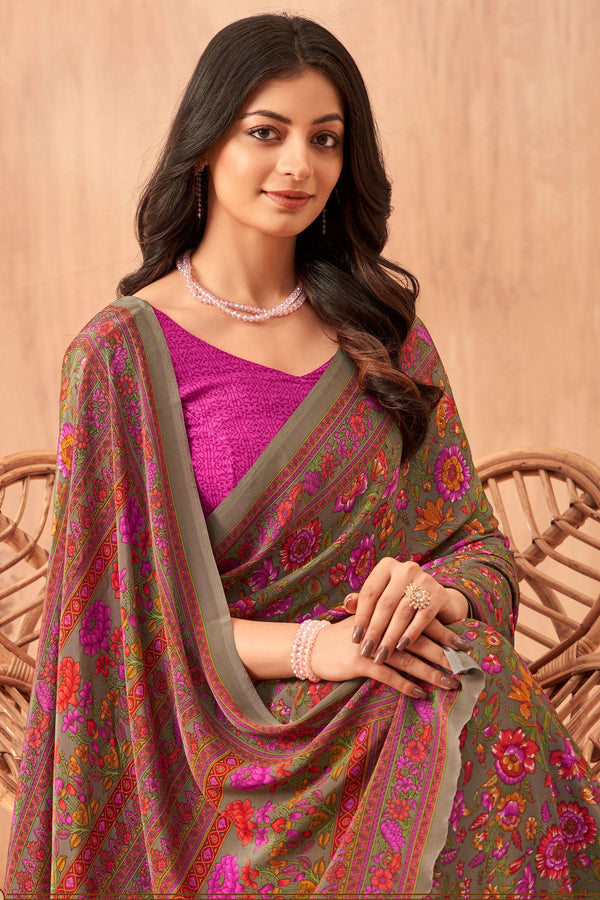 Pink Printed Crepe Saree