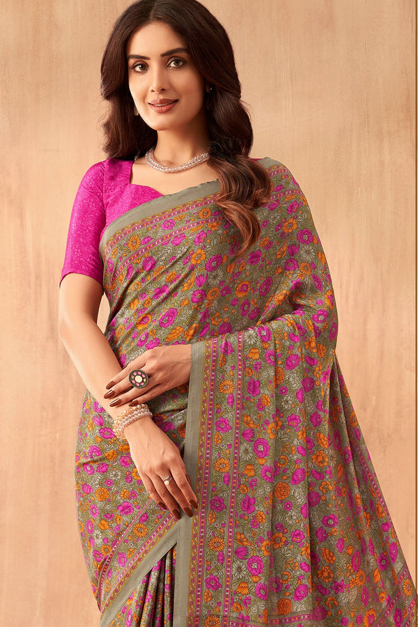 Pink Printed Crepe Saree