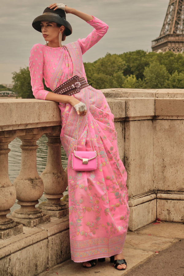 Pink Woven Organza Saree