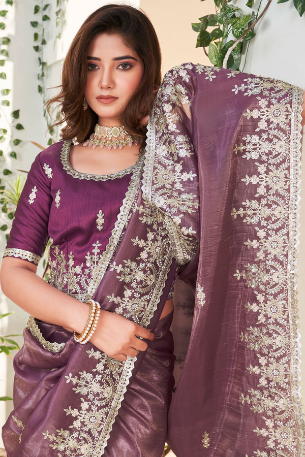 Purple Embroidered Crush Silk Saree