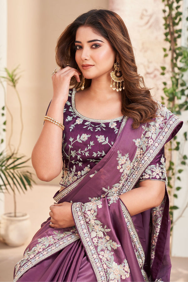 Purple Embroidered Georgette Silk Saree