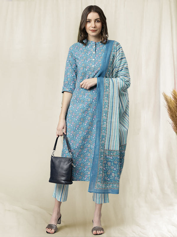 Blue Cotton Floral Print Kurta with Pant and Dupatta