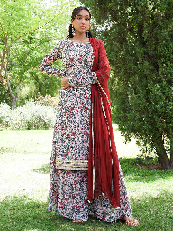 Beige Georgette Printed Floral Kurta Palazzo Set