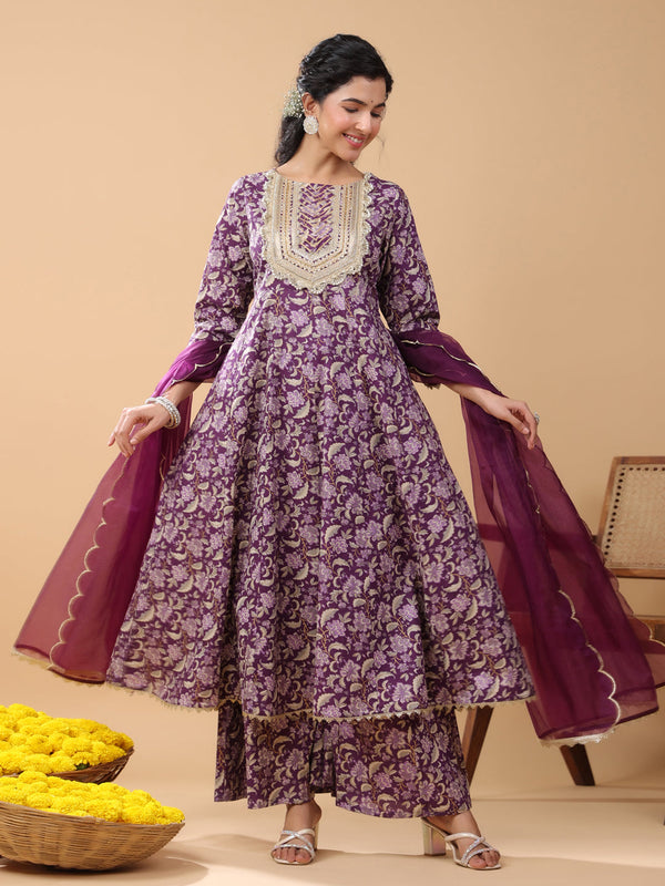 Violet Cotton Foil Floral Printed Kurta with Palazzo and Dupatta