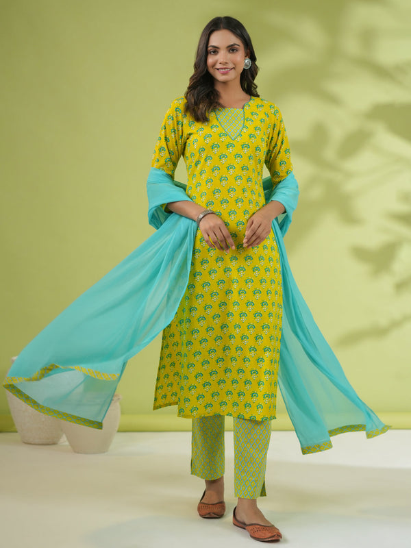 Yellow Cotton Ethnic Motifs Regular Kurta Pant Set