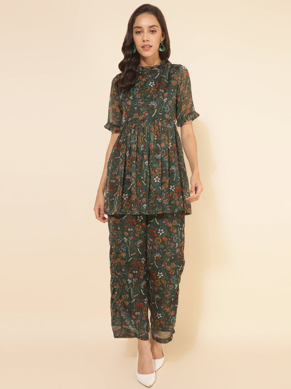 Green Chiffon Lurex Floral Printed Co-ord Set