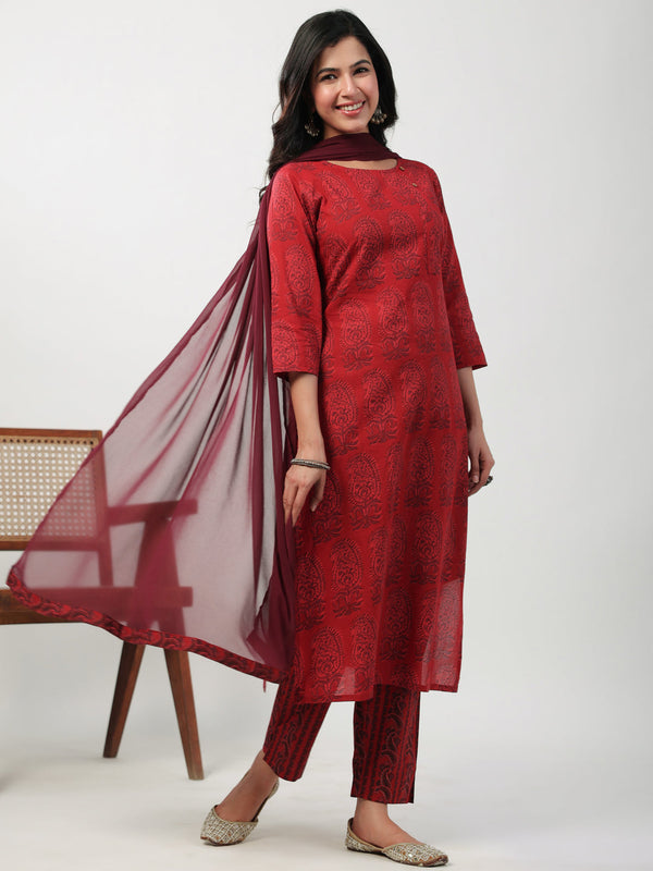 Maroon Cotton Paisley Regular Kurta Pant Set