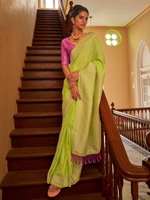 Astonishing Lime Green Weaving Silk Traditional Saree With Blouse