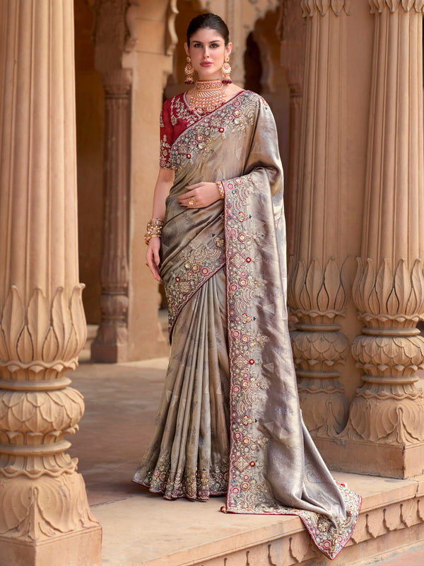 Beautiful Grey Sequins Silk Wedding Wear Saree With Blouse