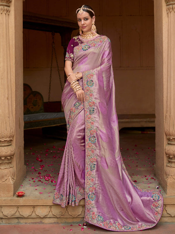 Captivating Lilac Sequins Silk Engagement Wear Saree With Blouse