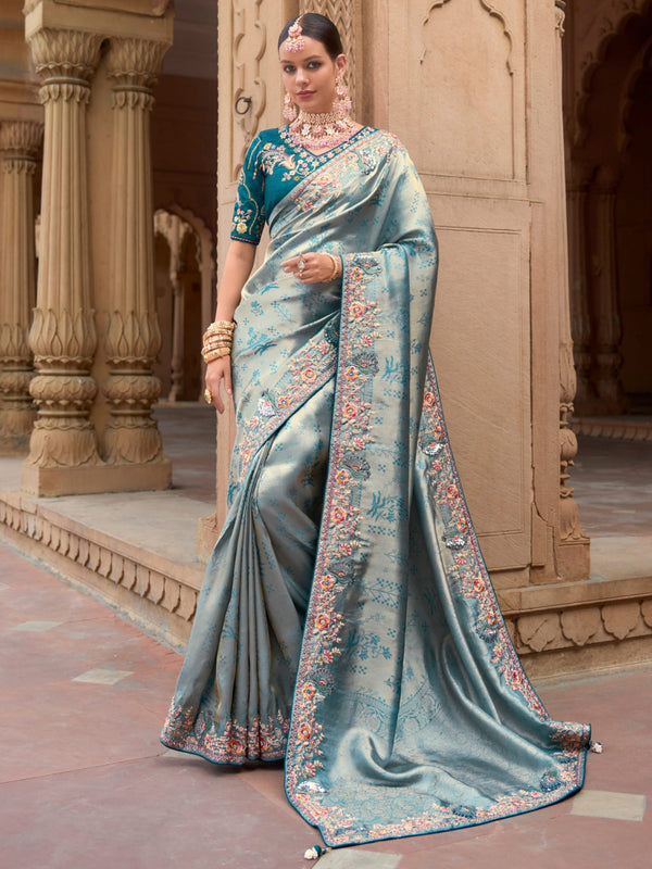 Tantalizing Sky-Blue Sequins Silk Reception Wear Saree With Blouse