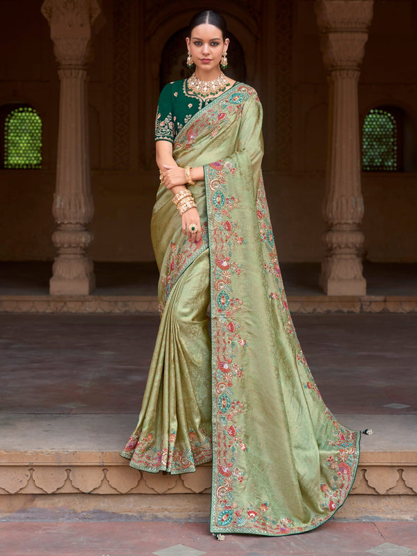 Attractive Pista Green Sequins Silk Festival Wear Saree With Blouse