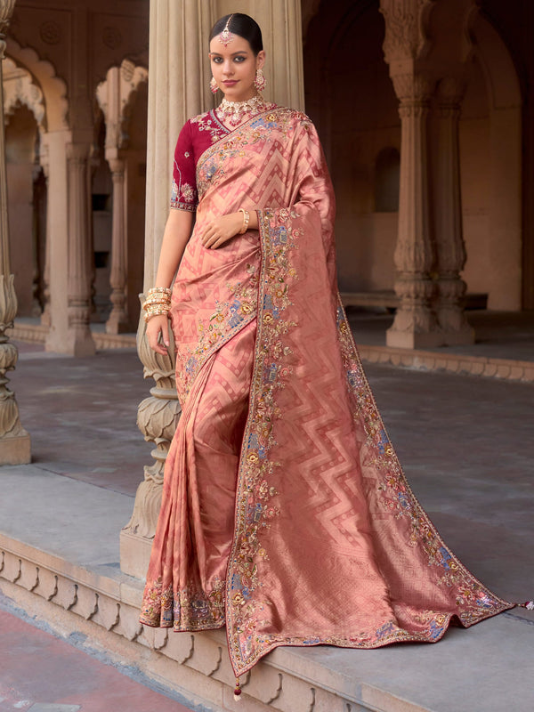 Adorable Peach Sequins Silk Wedding Wear Saree With Blouse