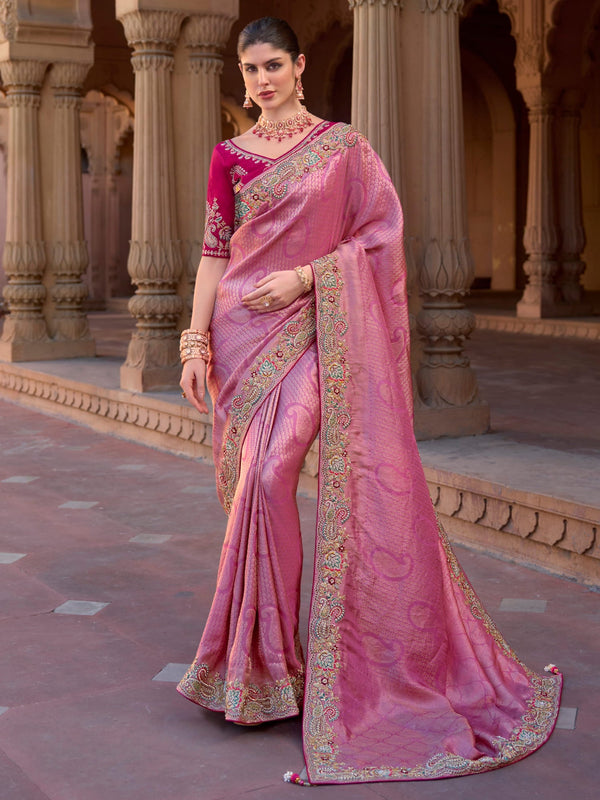 Precious Pink Sequins Silk Engagement Wear Saree With Blouse