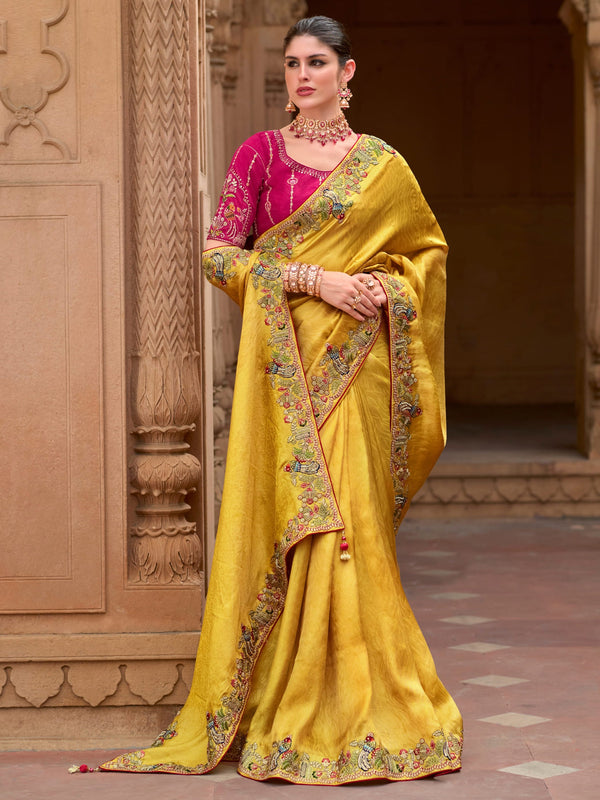 Wonderful Yellow Sequins Silk Haldi Wear Saree With Blouse