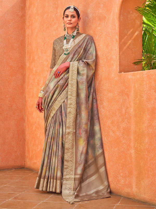 Amazing Brown Foil Printed Silk Event Wear Saree With Blouse