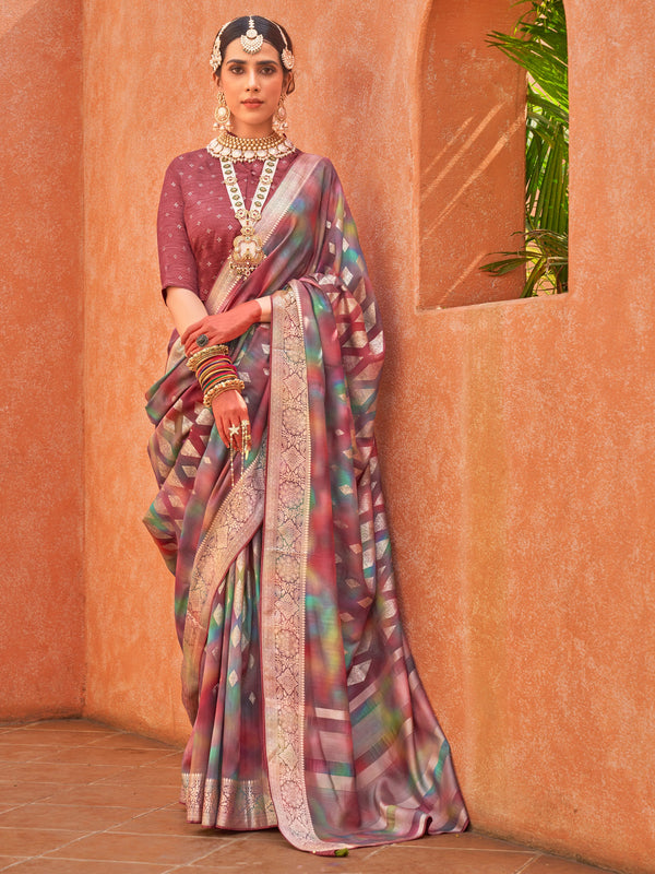 Wonderful Multi-Color Foil Printed Silk Traditional Saree With Blouse