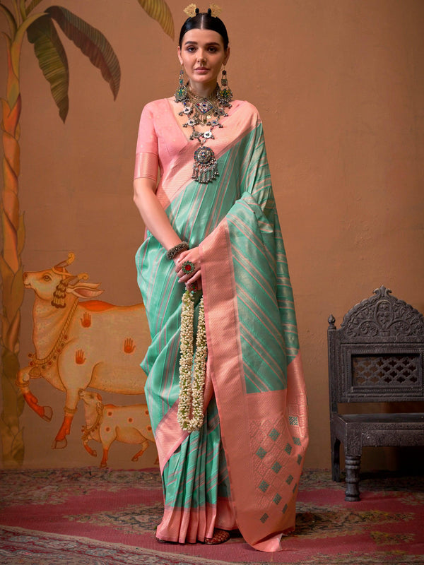 Bewitching Sky-Blue Weaving Silk Traditional Saree With Blouse