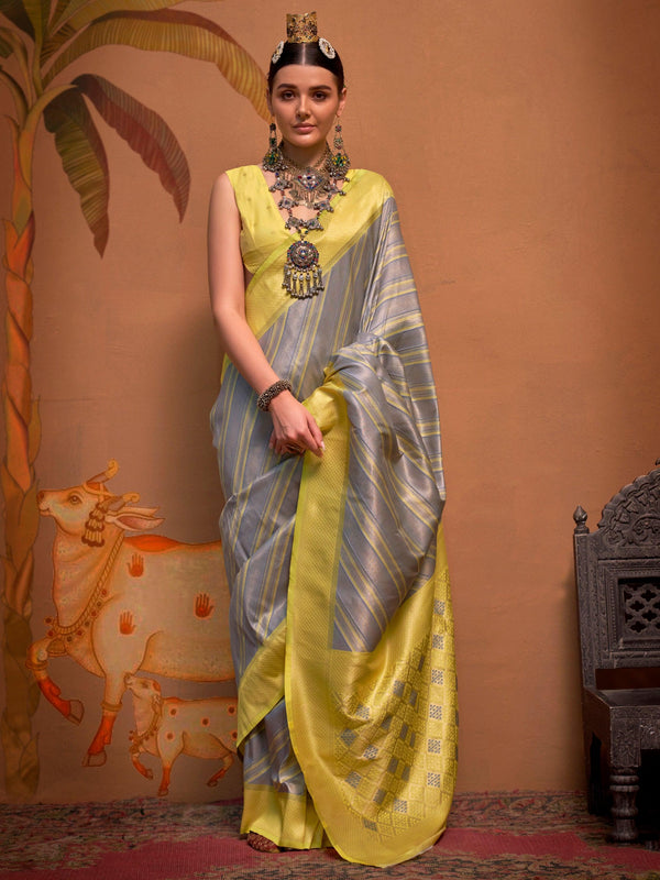 Beautiful Grey Weaving Silk Festival Wear Saree With Blouse