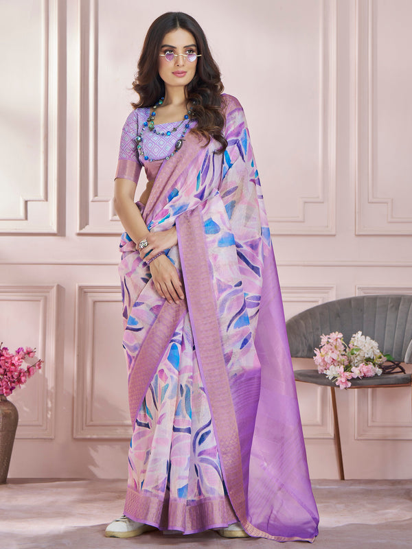 Bewitching Lavender Digital Printed Silk Casual Wear Saree With Blouse